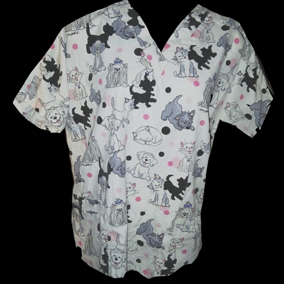 Pups & Kitties Playful Printed Scrubtop By HQ - Picture 1 of 4
